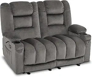 55.9" Power Loveseat Recliner with Heat and Vibration, Fabric Electric Loveseat Recliner, USB Charge Port, Cup Holders