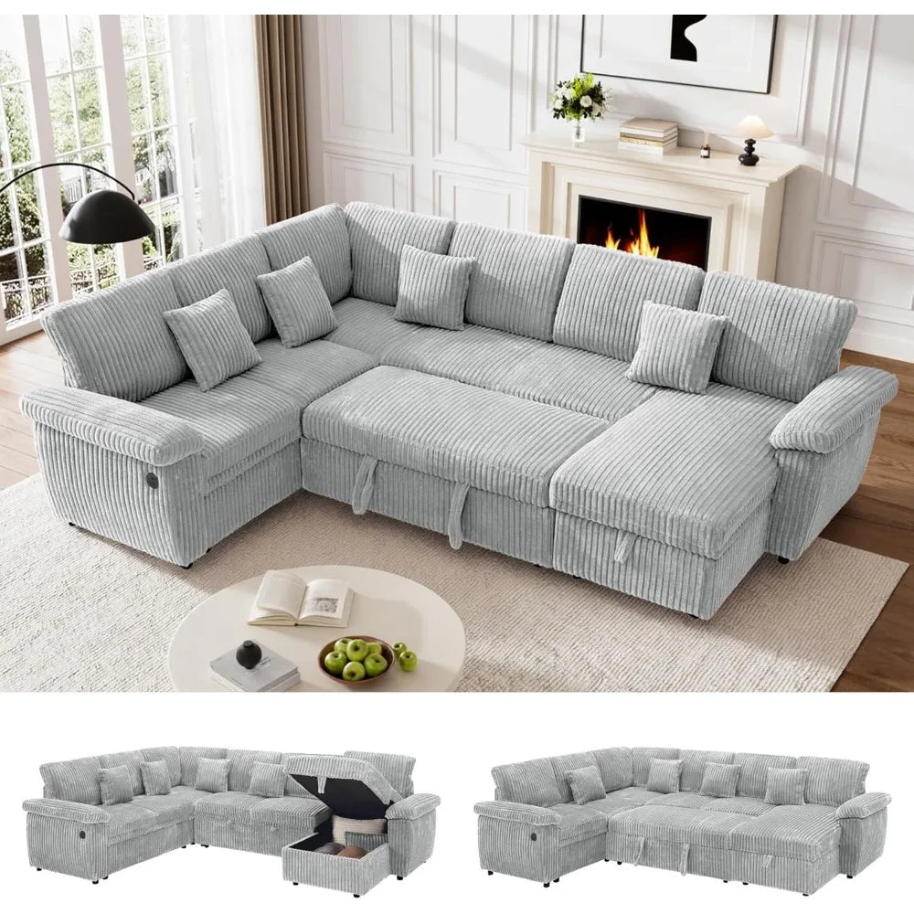 Sectional Sleeper Sofa with Pull Out Bed and Storage Chaise, Fluffy Soft Corduroy Fabric, Modern Comfy U Shaped Couch.