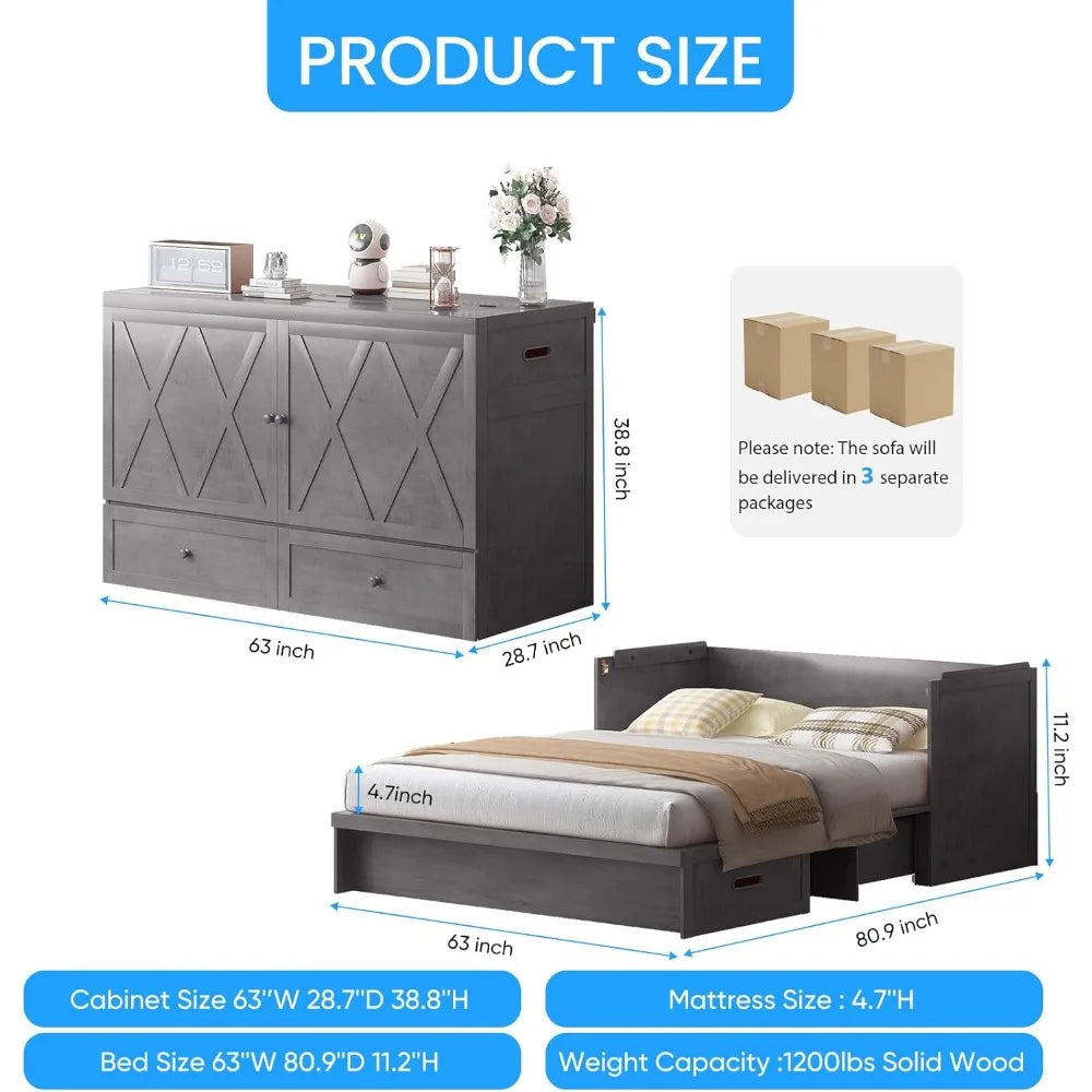 Bed Queen with Tri-Fold Mattress, Murphy Cabinet Bed with USB Charging Station & Large Storage Drawer