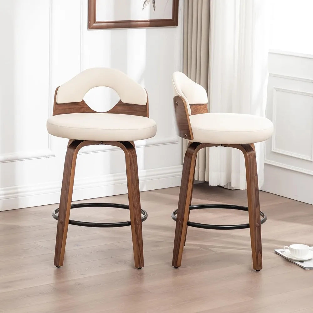 26" Swivel Bar Stools Set of 2,Mid Century Modern Beige Faux Leather Barstools, Wood Counter Height Bar Chairs with Low Back