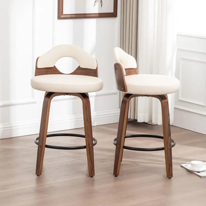 26" Swivel Bar Stools Set of 2,Mid Century Modern Beige Faux Leather Barstools, Wood Counter Height Bar Chairs with Low Back