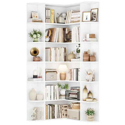 74” Tall Corner Bookshelf, 6-Tier with Open Storage, L Shaped Tall Bookcases Wooden Storage, Customized