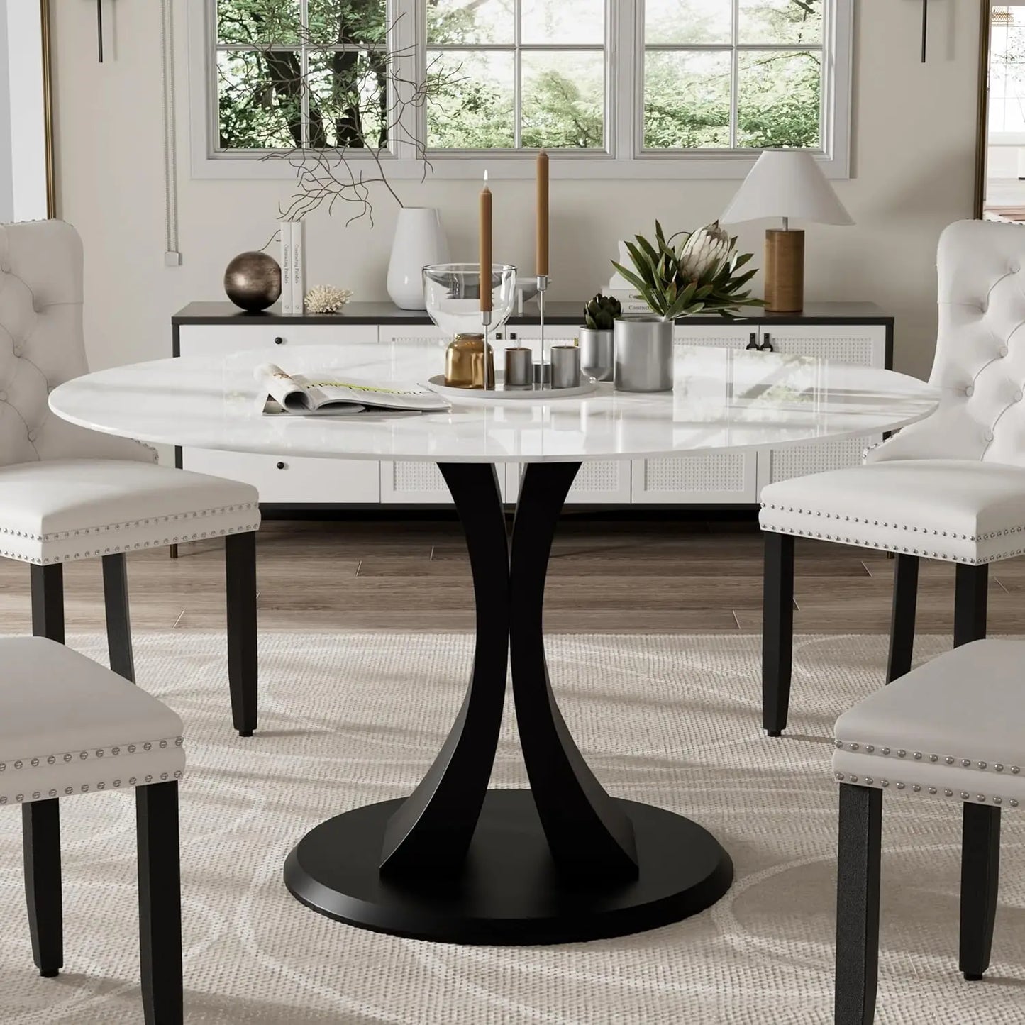 Round, 47" Glass Dining Table, with Robust Pedestal for Apartment Home Kitchen