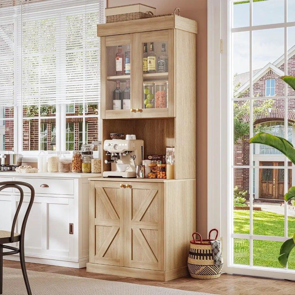 71" Farmhouse Kitchen Pantry Cabinet Set of 3, Brown Freestanding Coffee Bar Hutch with Glass Doors & Adjustable Shelves