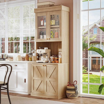 71" Farmhouse Kitchen Pantry Cabinet Set of 3, Brown Freestanding Coffee Bar Hutch with Glass Doors & Adjustable Shelves