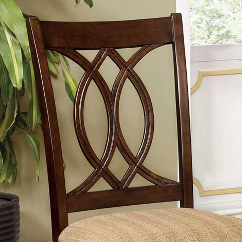 Dark Brown Wooden Dining Chair with Lattice Backrest Beige Fabric Seat Classic Style Dining Room Furniture for Home