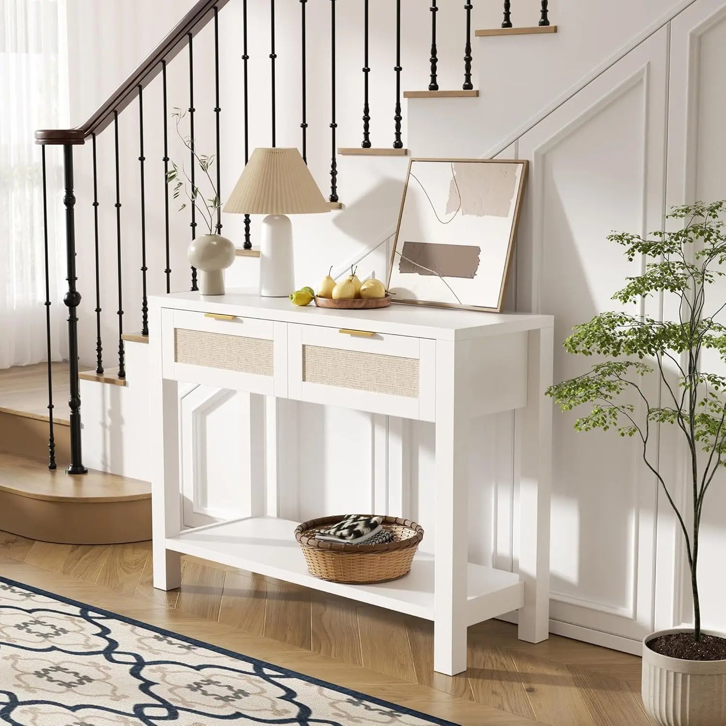 Narrow Console, Table with 2 Rattan Drawers & Open Shelf Storage Entryway, Living Room Hallway, White