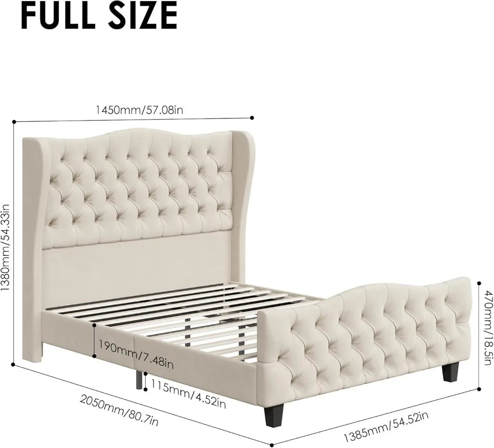Full Size Platform Bed Frame with Tufted Wingback Headboard, Velvet Upholstered, No Box Spring Needed
