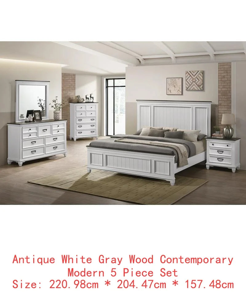 5-Piece Wood Bedroom Set with Shiplap Panel Queen Bed, Dresser, Mirror, Nightstand, and Chest