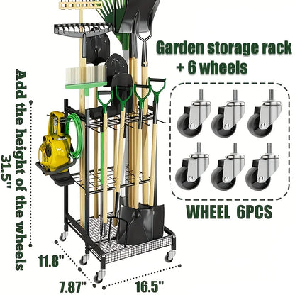 garden tool rack, patio tool tower, garage organization and storage, heavy-duty steel garden tool rack
