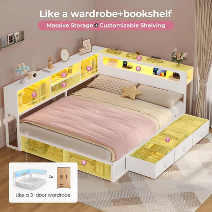 twin corner bed frame with bookcase storage & led light headboard, metal daybed with 3 drawers & 2 open cubbiies