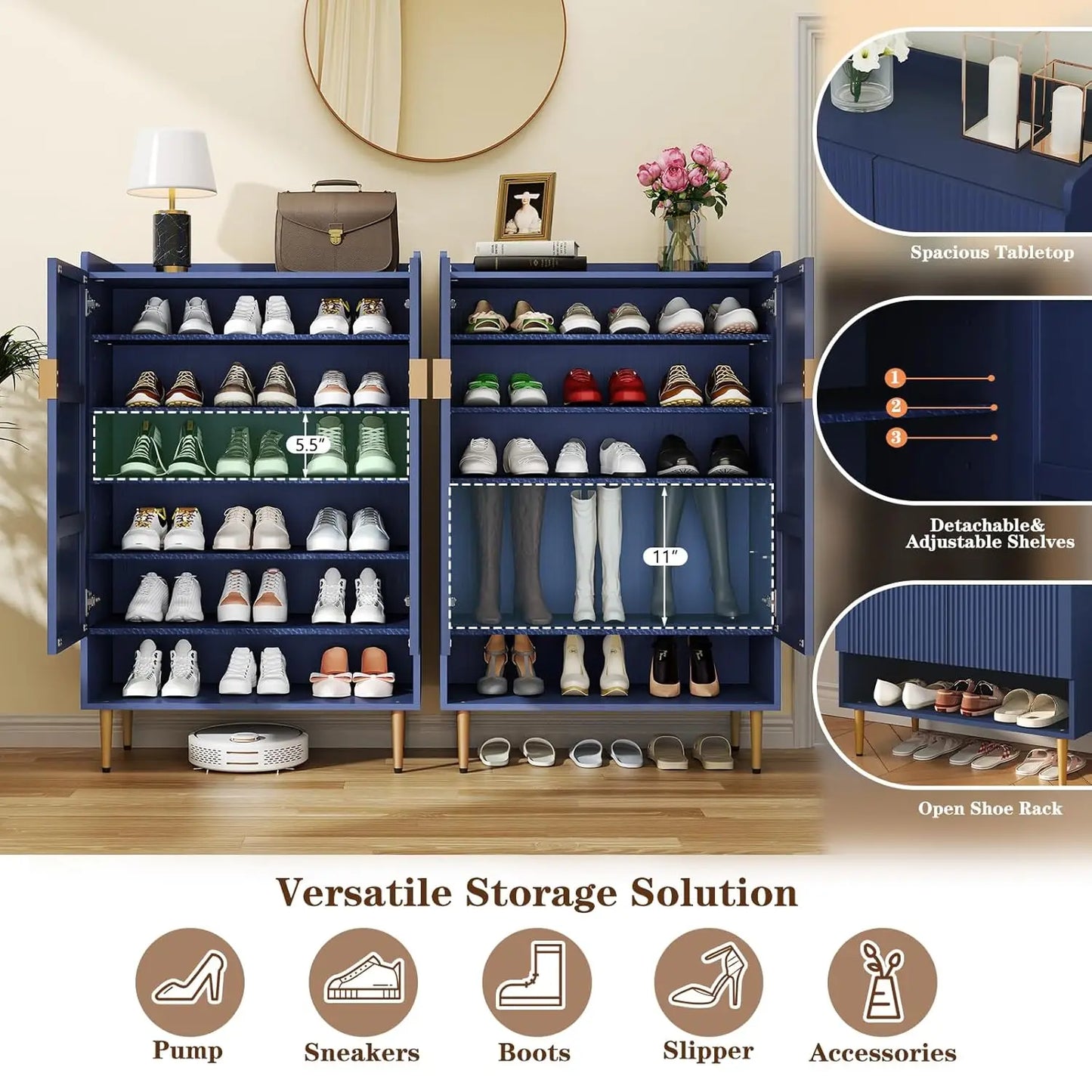 6-Tiers Shoes Cabinet with Fluted Doors, Wood Shoes Rack with Adjustable Shelves