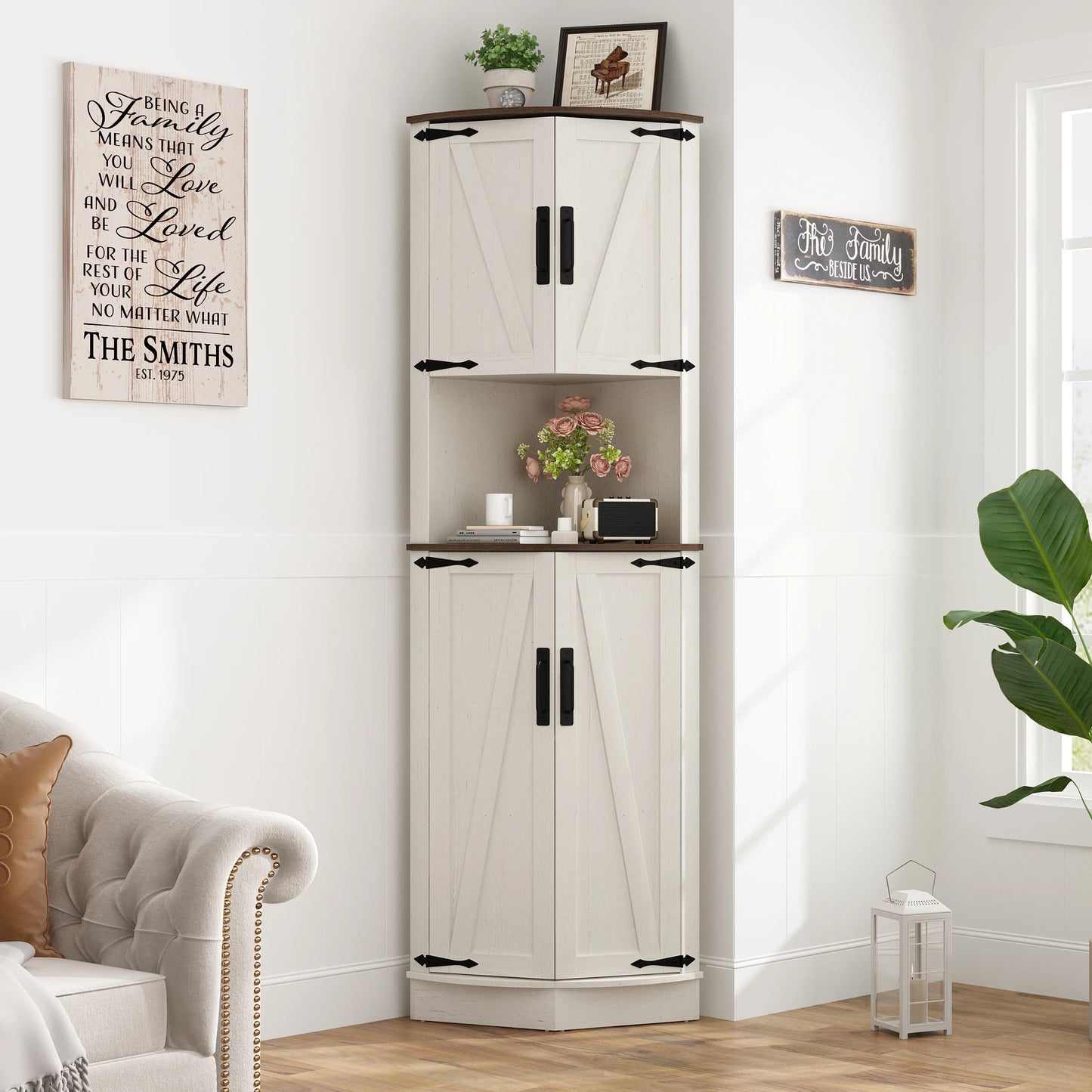 Bathroom Storage Tall Corner Cabinet with Barn Doors, 67"and Adjustable Shelf