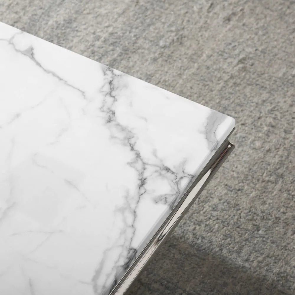 Marble Coffee Table, White and Silver with U-Shape Stainless Steel Base with Silver Mirrored Finish