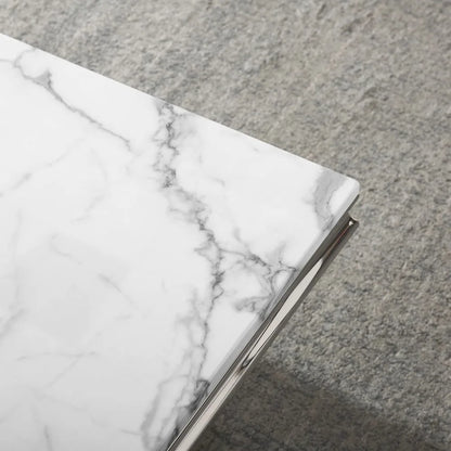 Marble Coffee Table, White and Silver with U-Shape Stainless Steel Base with Silver Mirrored Finish