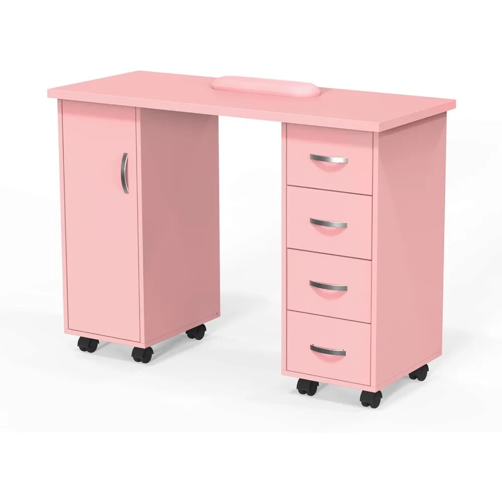 Manicure Table with Cabinet, Drawers, Wheels, and Wrist Rest for Spa Salon Technician Workstation