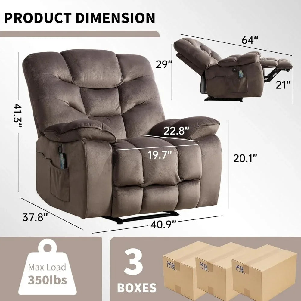 "spacious electric recliners with massage and heating, 41" wide recliner with power functions and usb port, ventilated cover"
