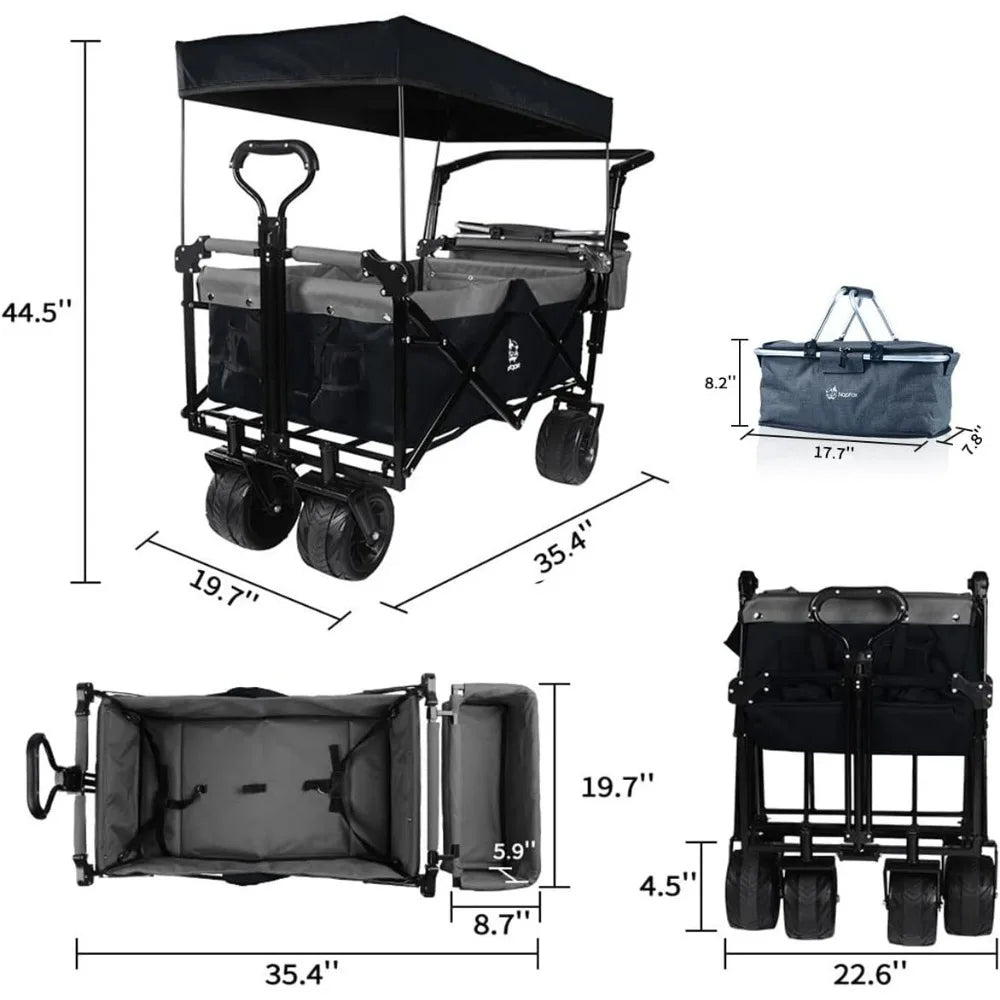 Heavy-Duty Collapsible Folding Wagon with Removable Cover, 4 Large All-Terrain Wheels, Brake, and Adjustable Handle