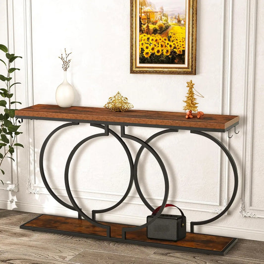 55in Narrow Console Table Wood Circle Base Storage Shelf