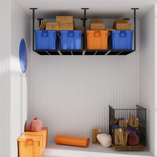 3x8 Overhead Garage Storage Rack, Heavy Duty Adjustable Ceiling Mounted 750LBS Capacity, Black