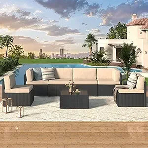 7 Piece Outdoor Patio Furniture Set, PE Rattan Outdoor Wicker Sectional Furniture Chair Set with Cushions and Table