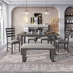 6 piece dining table set, kitchen table set with upholstered dining chairs and tufted bench