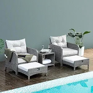 5 Pieces , Rattan Balcony Furniture with Ottomans, PE Wicker Outdoor Patio Chairs Set with Coffee Table