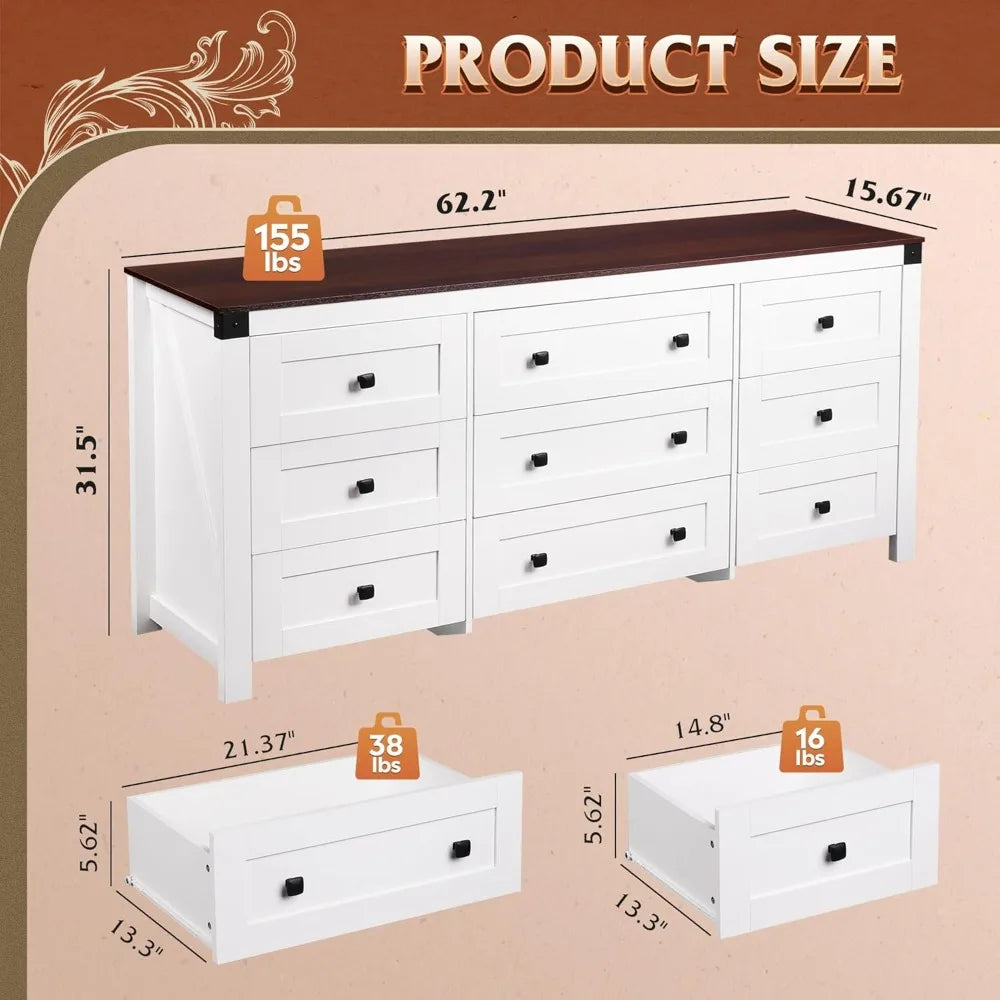 Farmhouse Dresser for Bedroom, 63" Wide 9 Drawer Dresser Storage Organizer, Wood Chest of Drawers, TV Stand
