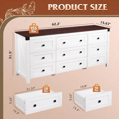 Farmhouse Dresser for Bedroom, 63" Wide 9 Drawer Dresser Storage Organizer, Wood Chest of Drawers, TV Stand