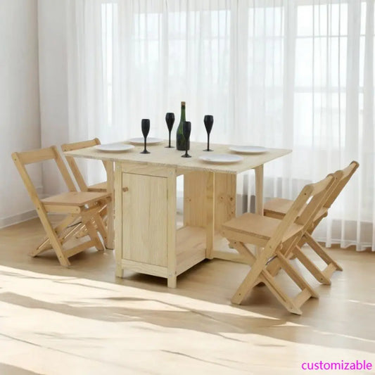 Solid, Natural, Unfinished Wood Folding Dining Table &Chair Set - Drop Leaf Design - Space-Saving,  with Storage