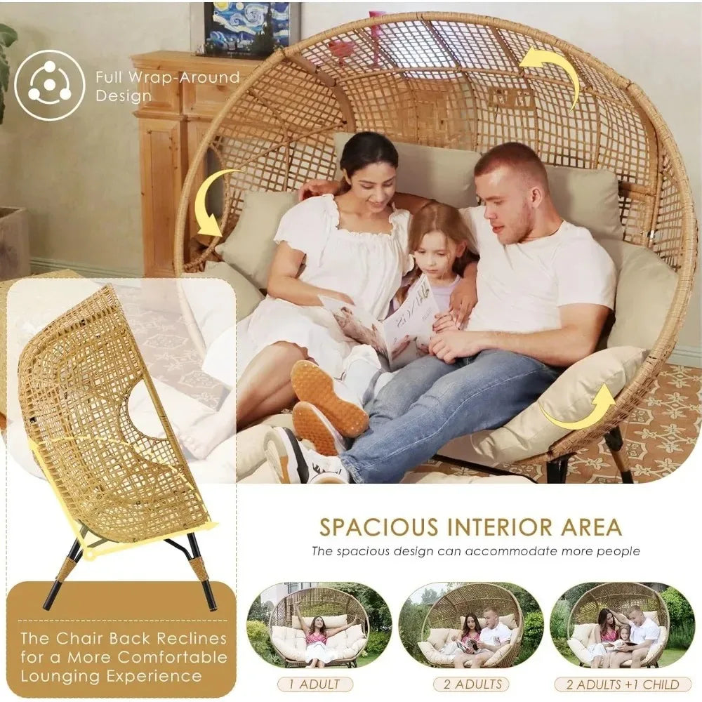 Lounge Chairs-Double Egg Chair Indoor Outdoor Stationary Thicken Padded Cushions,680 lbs，