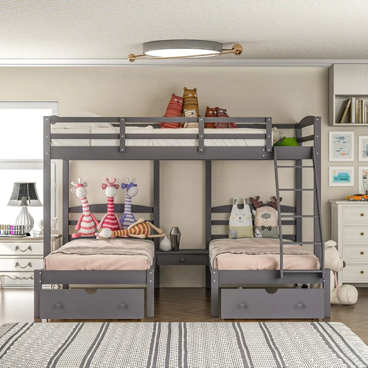 Triple Bunk Bed Full Over 2 Twin Bunk Bed with 3 Drawers and Guardrails, No Box Spring Needed