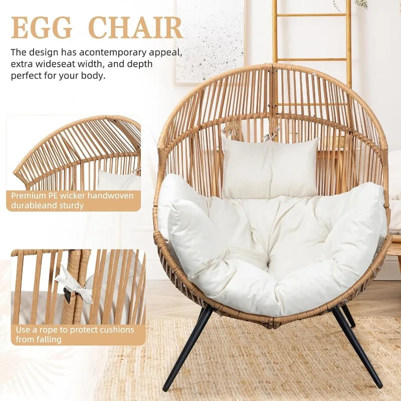 Outdoor Wicker Chair Egg Rattan Chair with Cushion, Oversized Patio Lounge Chair for Outdoor, Indoor, Balcony