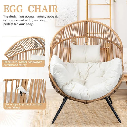 Outdoor Wicker Chair Egg Rattan Chair with Cushion, Oversized Patio Lounge Chair for Outdoor, Indoor, Balcony