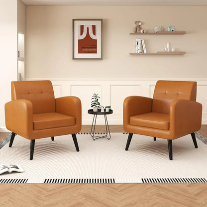Accent Chairs Set of 2, Brown PU Leather Living Room Chairs, Upholstered Armchairs Single Sofa Chair
