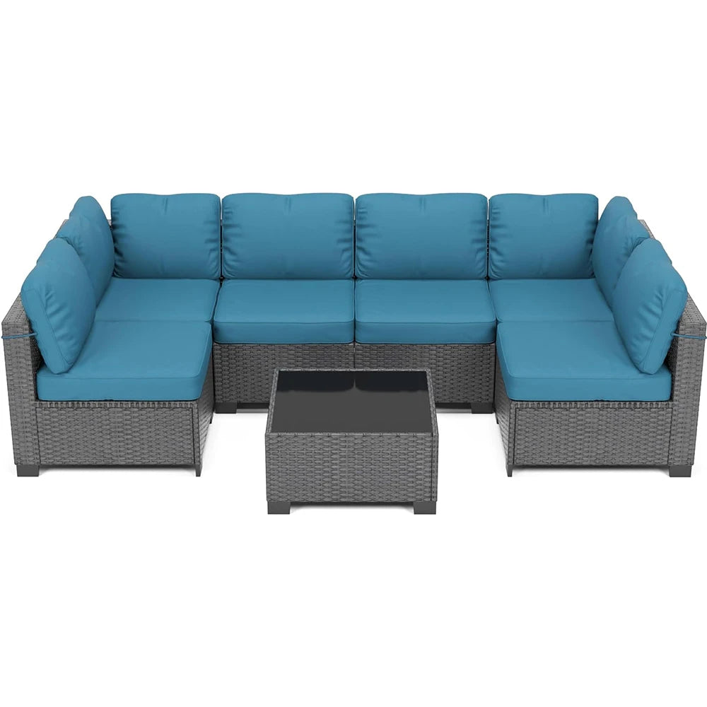 7-Piece PE Rattan Sectional Patio Set, Wicker Outdoor Sofa With Cushions & Glass Coffee Table