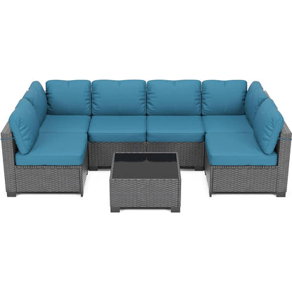 7-Piece PE Rattan Sectional Patio Set, Wicker Outdoor Sofa With Cushions & Glass Coffee Table