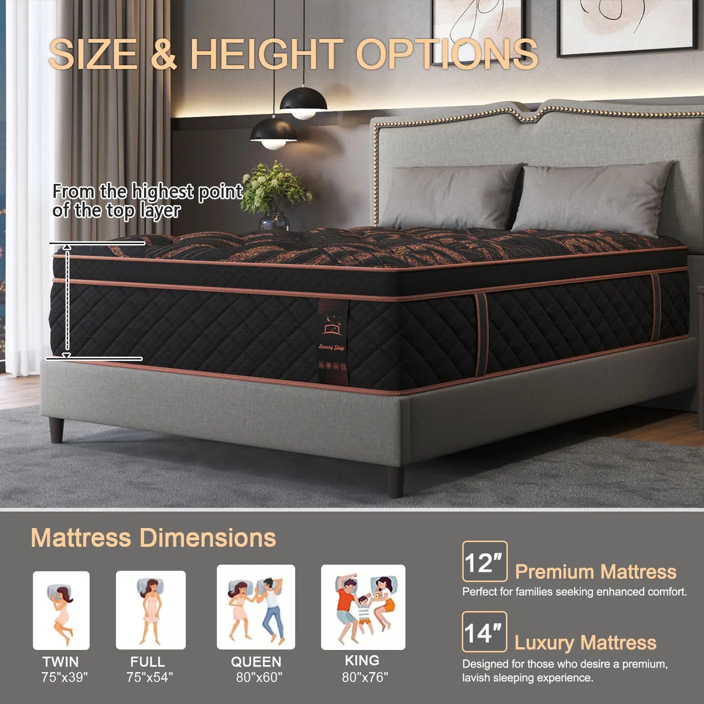 12"14" Gel Memory Foam Hybrid Pocket Spring Mattress Twin Full Queen King Bed Mattress In A Box, Medium Firm Motion Isolation