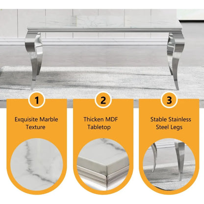 70'' Faux Marble Dining Table with Stainless Steel Legs, Silver and White Dining Room Table for 4-8,