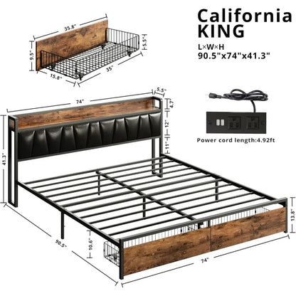 California king platform bed frame with storage headboard drawers included, no box spring required