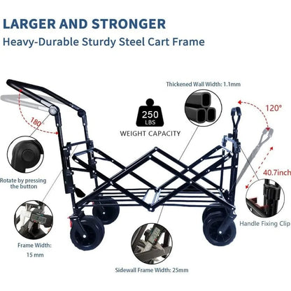 Heavy-Duty Collapsible Folding Wagon with Removable Cover, 4 Large All-Terrain Wheels, Brake, and Adjustable Handle