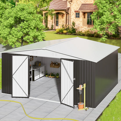 10x12/12x14FT Galvanized Steel Storage Shed Heavy Duty Lockable Hasp Door Black/White Roof Garden Tool Shed