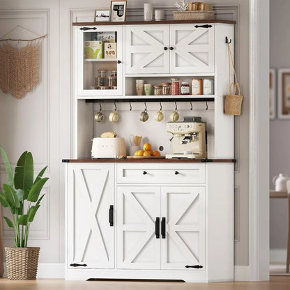 Farmhouse Kitchen Pantry Cabinet, Kitchen Cabinet with Drawer & Doors, Barn Doors Storage Cabinets with Adjustable Shelf