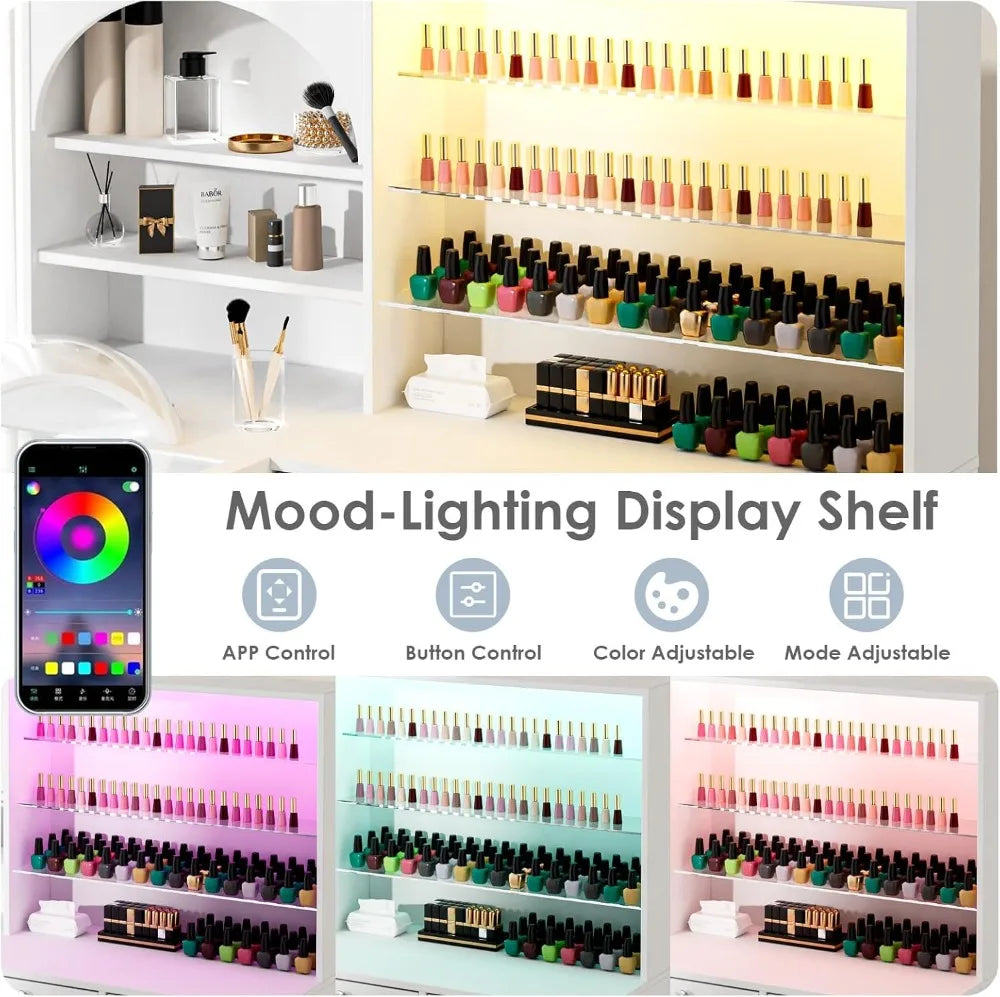 Professional LED Nail Table with USB Ports, Glass Top, Storage Cabinet & Drawers for Salon Manicure Workstation