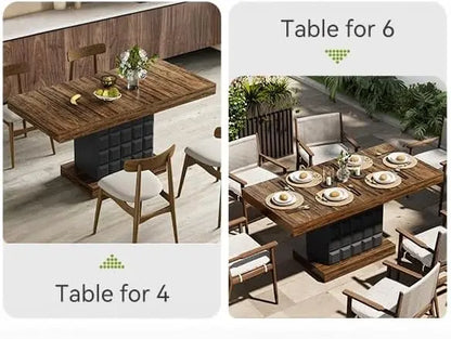 Modern Rectangular Dining Table for 4-6, Farmhouse Kitchen Table with Sturdy Wood Pedestal Base in Rustic Brown & Black