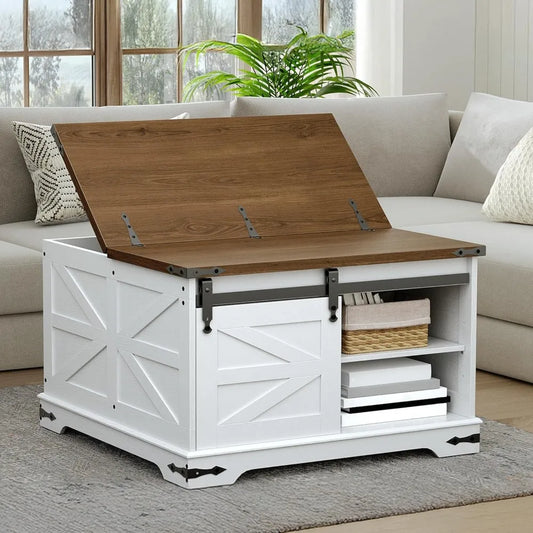 Large, Square, White, Farmhouse Coffee Table with Lift-Top Storage