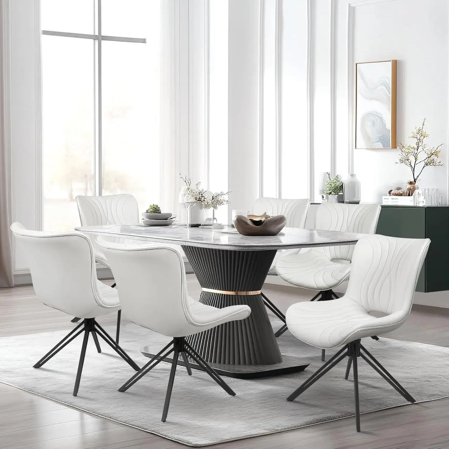 Dining Chair Set of 6, 360° Swivel Upholstered Mid-Century Modern Kitchen Dining Chairs, Faux Leather Upholstered Side Chair