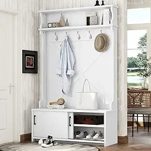 Entryway Hall Tree with Bench and Shoe Storage, Coat Rack with Bench Shelf Hooks, Shoe Storage with Slide Doors