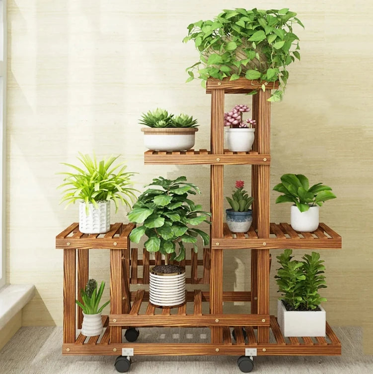6 Tier Wood Plant Stand, Vertical Carbonized Multiple Holder, Indoor, Outdoor Patio