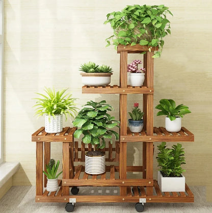 6 Tier Wood Plant Stand, Vertical Carbonized Multiple Holder, Indoor, Outdoor Patio